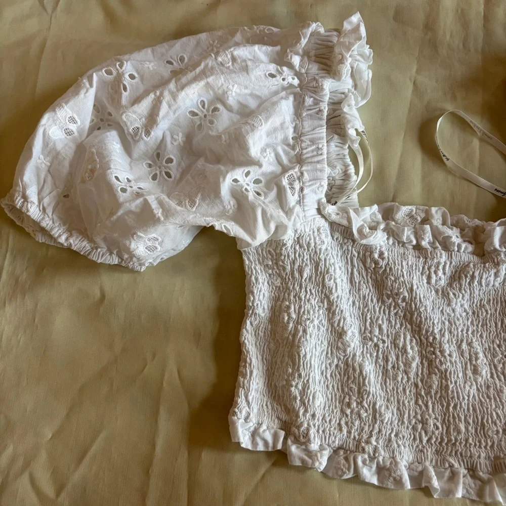 For Love and Lemons- Addison Blouse Size Large White Floral Puff Sleeve